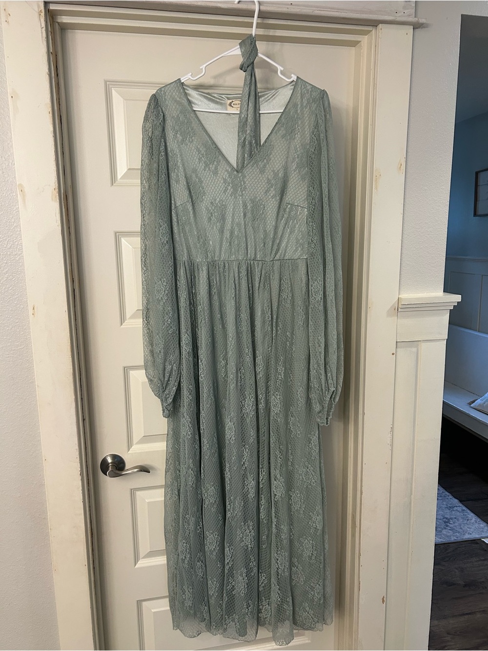 Joyfolie Sage Lace V-Neck Long Sleeve Maxi Dress